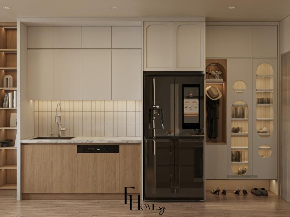 Phòng bếp 10m² gọn gàng với thiết kế thông minh và nội thất đa năng, tối ưu hóa diện tích sử dụng.