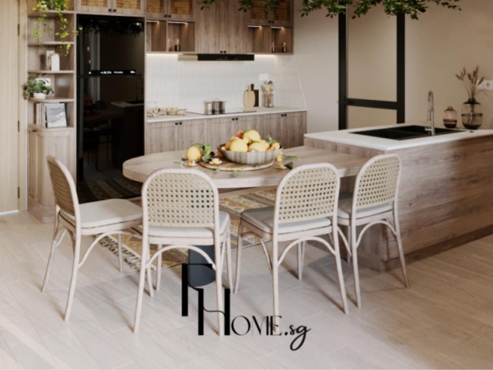 Phòng bếp phong cách Bohemian với tủ bếp gỗ tự nhiên, gạch lát sáng và các chi tiết trang trí tươi sáng