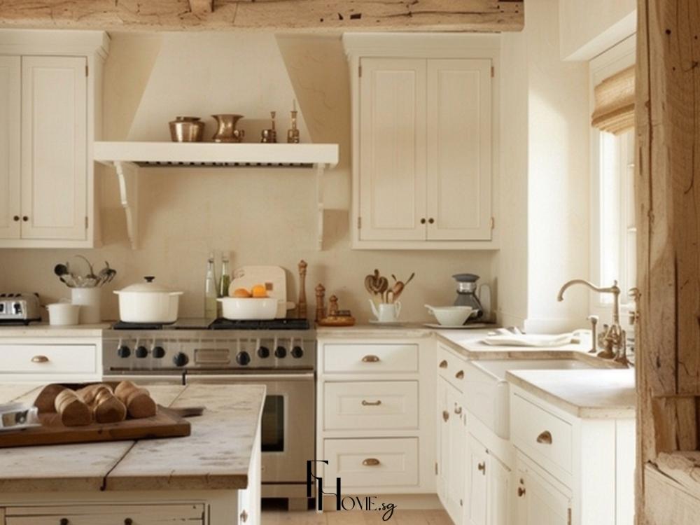 Phòng bếp Farmhouse sử dụng tủ bếp gỗ sơn trắng, mặt bàn đá granite tự nhiên và kệ mở trưng bày đồ dùng
