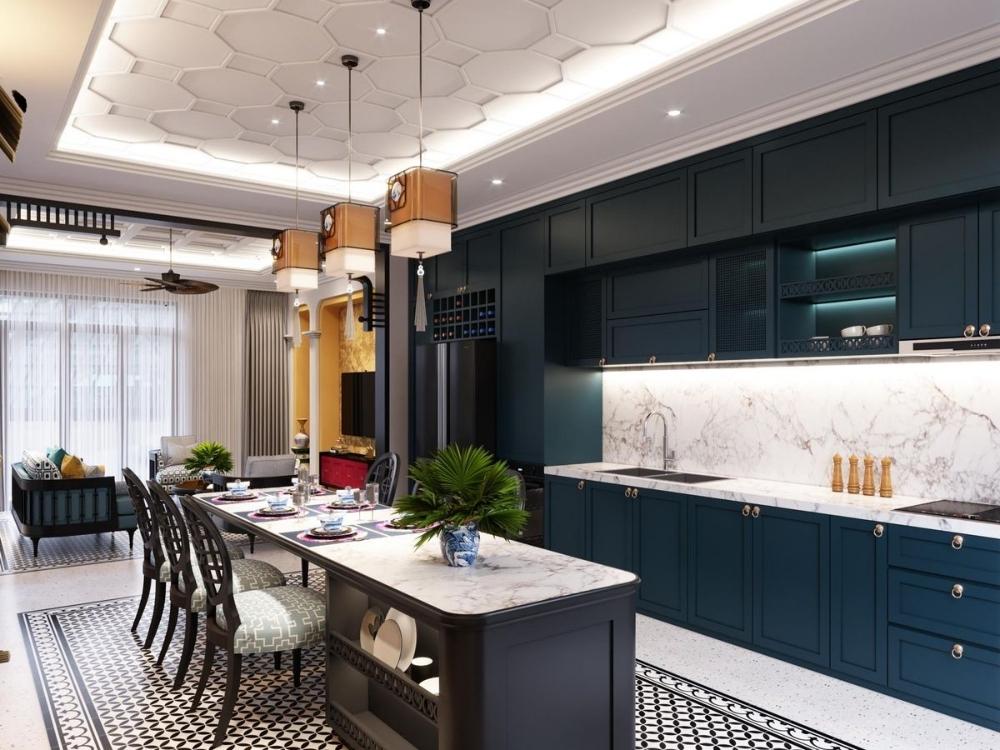 Phòng bếp Indochine với tủ gỗ tự nhiên, mặt bàn đá sáng