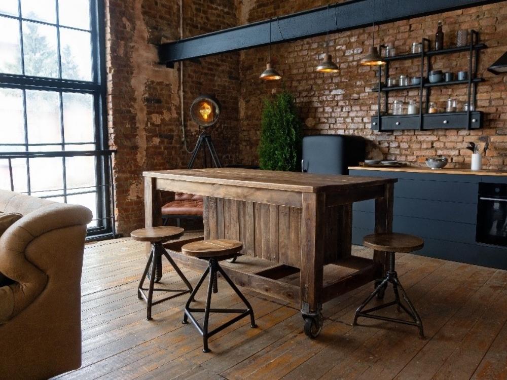 Phòng bếp Industrial sử dụng vật liệu thô và bố cục mở, tạo không gian phong cách loft nhưng hơi lạnh lẽo