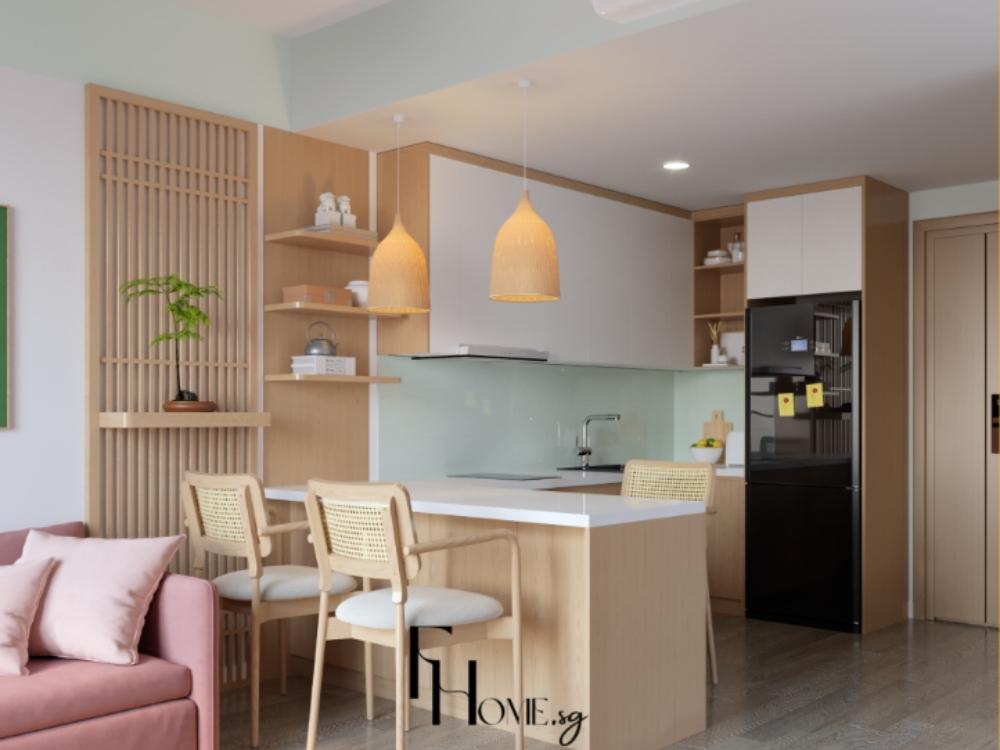 Phòng bếp phong cách Japandi với tủ gỗ sồi, bếp từ và máy hút mùi tích hợp