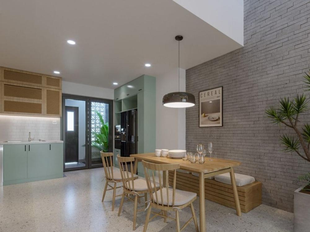 Phòng bếp Scandinavian với tủ bếp gỗ sáng màu, mặt bàn đá tự nhiên và các chi tiết gỗ nhẹ nhàng