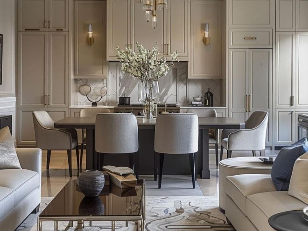 Phòng bếp Tân cổ điển với tủ gỗ tự nhiên, bàn đá hoa cương và chi tiết kim loại mạ vàng