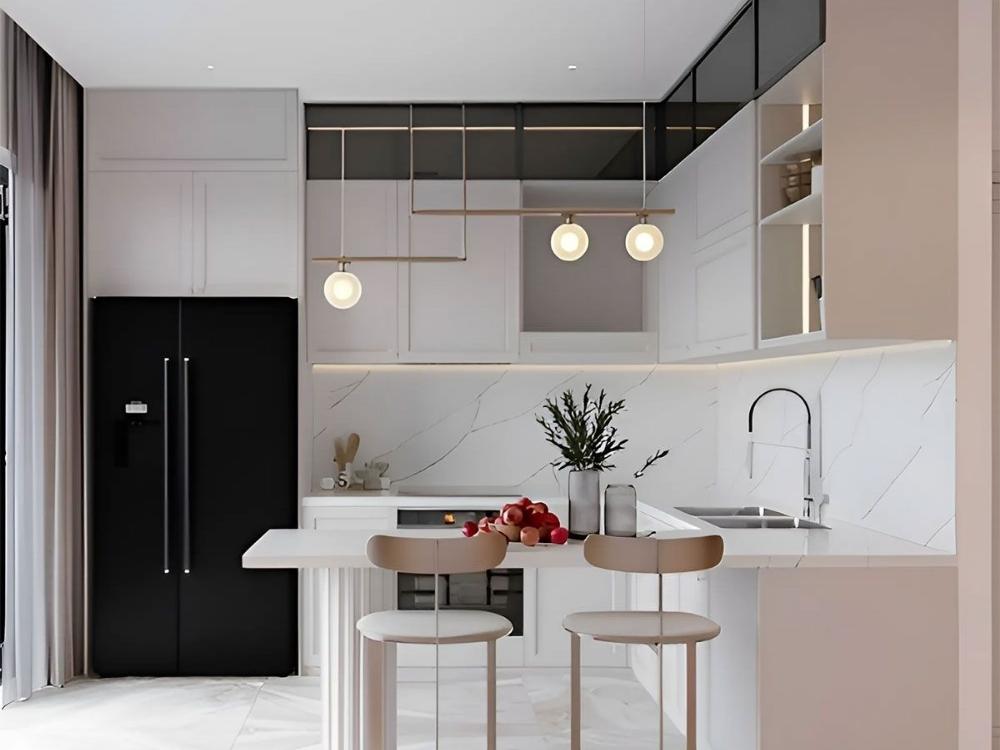 Phòng bếp Tối giản với tủ bếp âm tường, mặt bàn bê tông và thiết bị thép không gỉ