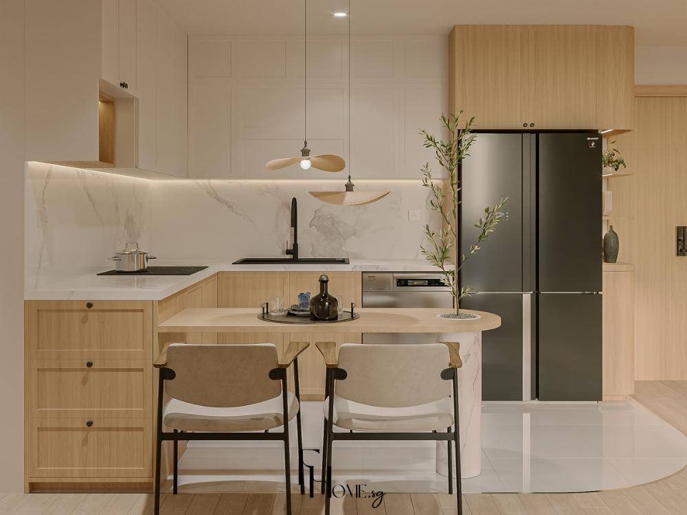 Phòng bếp Wabi Sabi sử dụng gỗ tự nhiên kết hợp bàn ăn tối ưu không gian