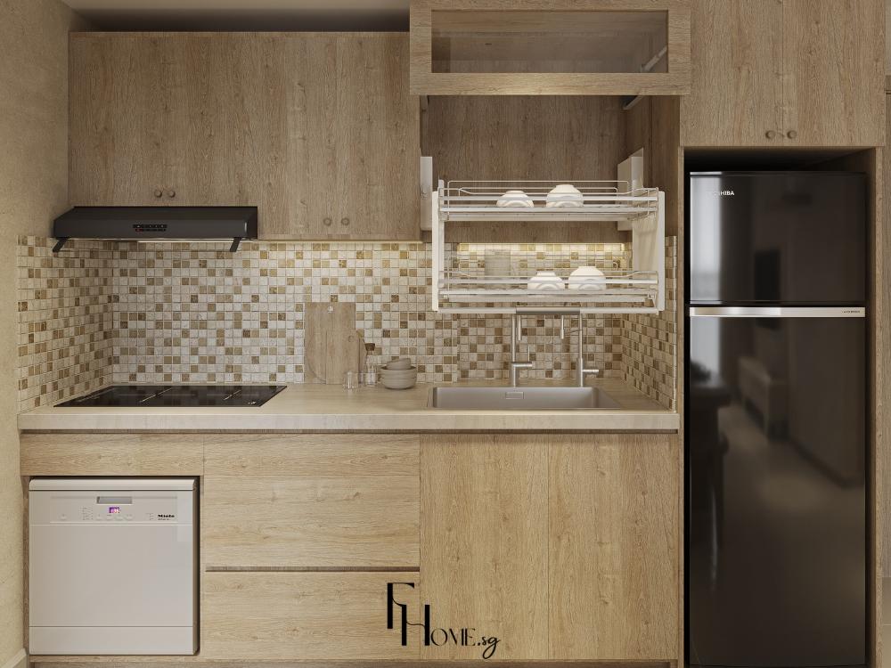 Phòng bếp Wabi Sabi tối giản với tủ bếp gỗ tự nhiên, đá thô và kệ mở, tạo không gian nấu nướng đơn giản và dễ chịu