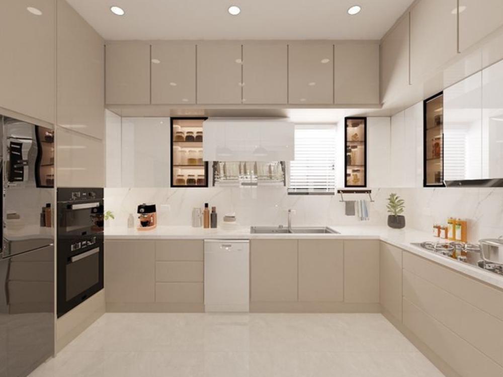 Phòng bếp bố trí tam giác công việc giữa tủ lạnh, bồn rửa và bếp nấu