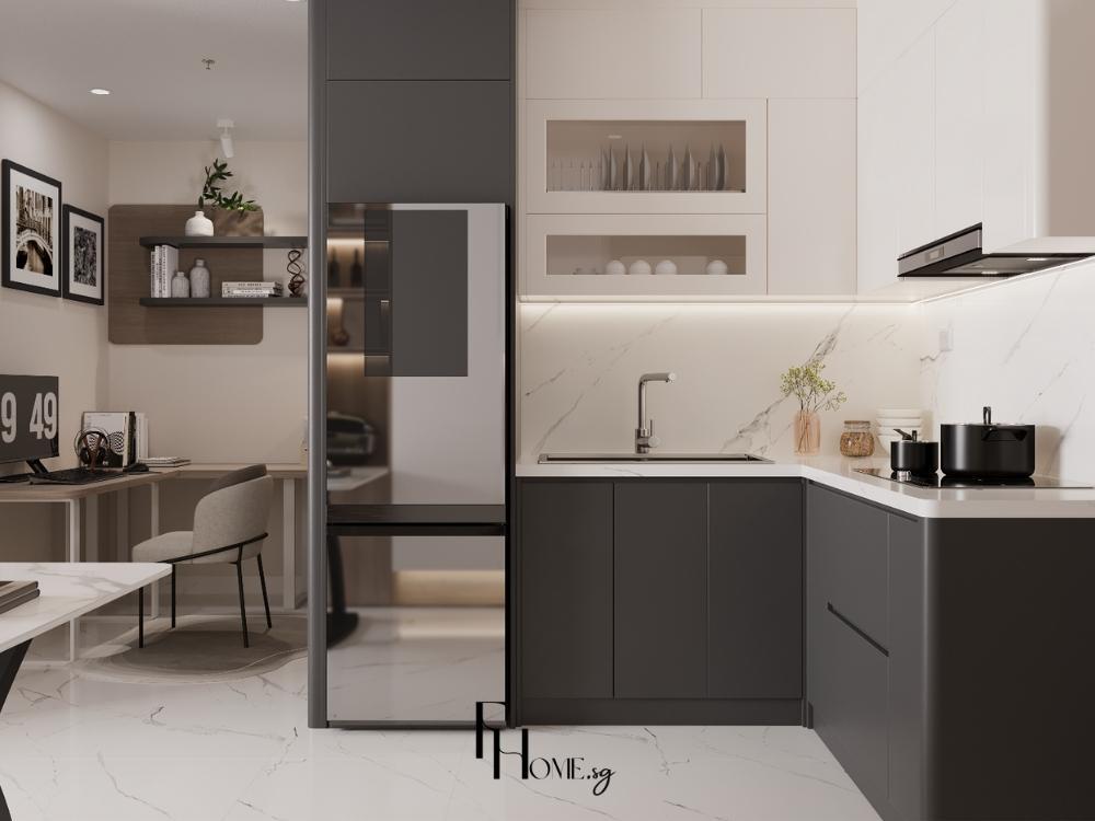 Phòng bếp căn hộ 1 phòng ngủ phong cách Luxury, với đá marble và kim loại cao cấp