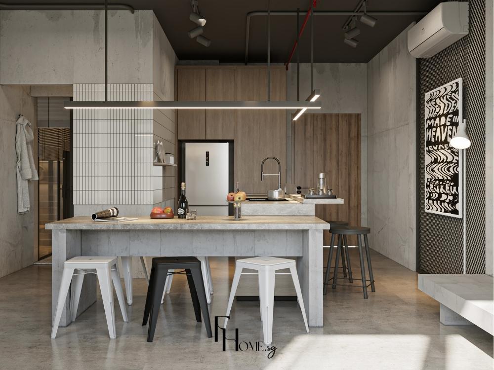 Phòng bếp căn hộ 1 phòng ngủ phong cách Wabi Sabi, sử dụng gỗ và gạch nung