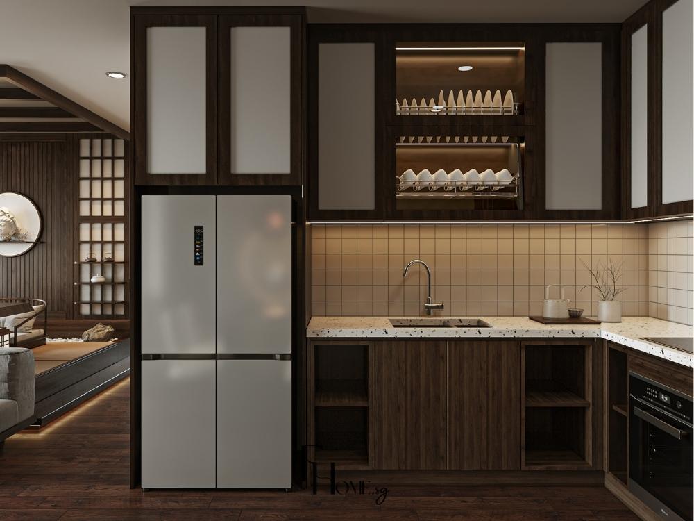 Phòng bếp căn hộ 1 phòng ngủ với thiết kế chữ L, tủ bếp thông minh, thiết bị âm tủ