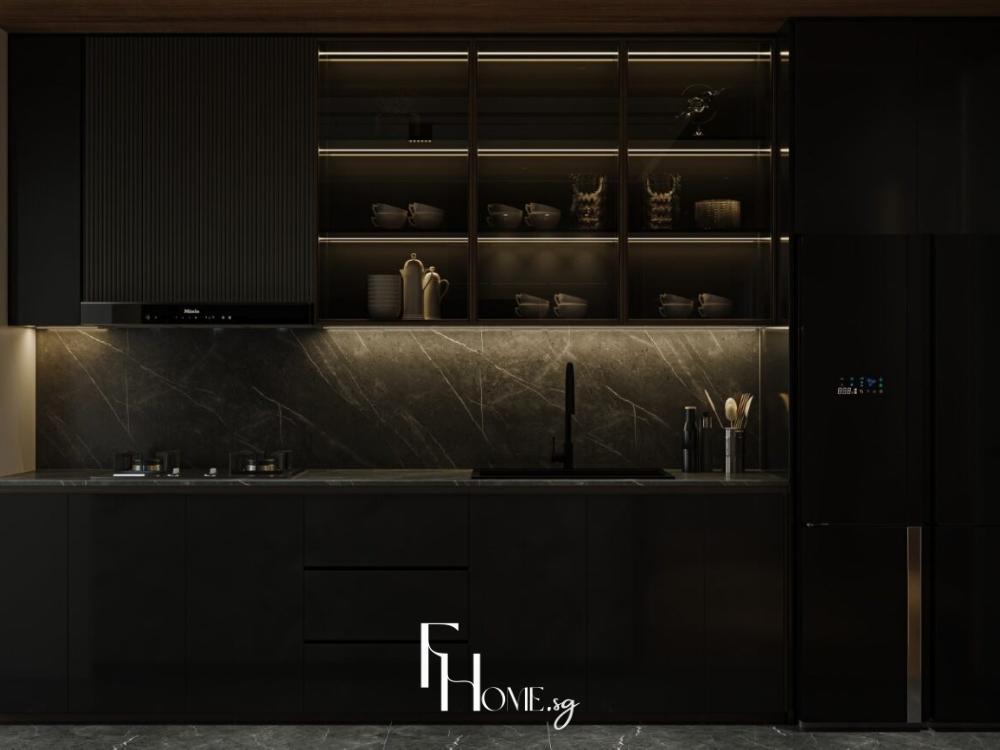  Phòng bếp căn hộ 100m² dạng chữ I với tủ bếp đen, mặt bàn đá vân mây