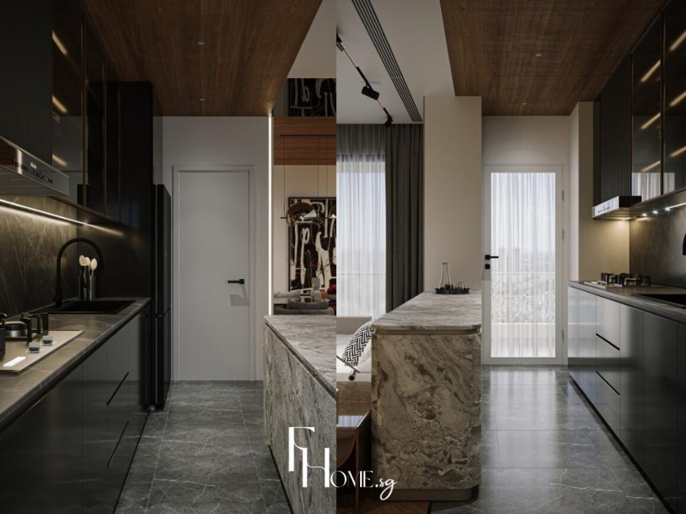 Phòng bếp căn hộ 100m² với tủ bếp chữ I màu trắng, mặt đá sáng, đèn LED âm trần và thiết bị bếp hiện đại.