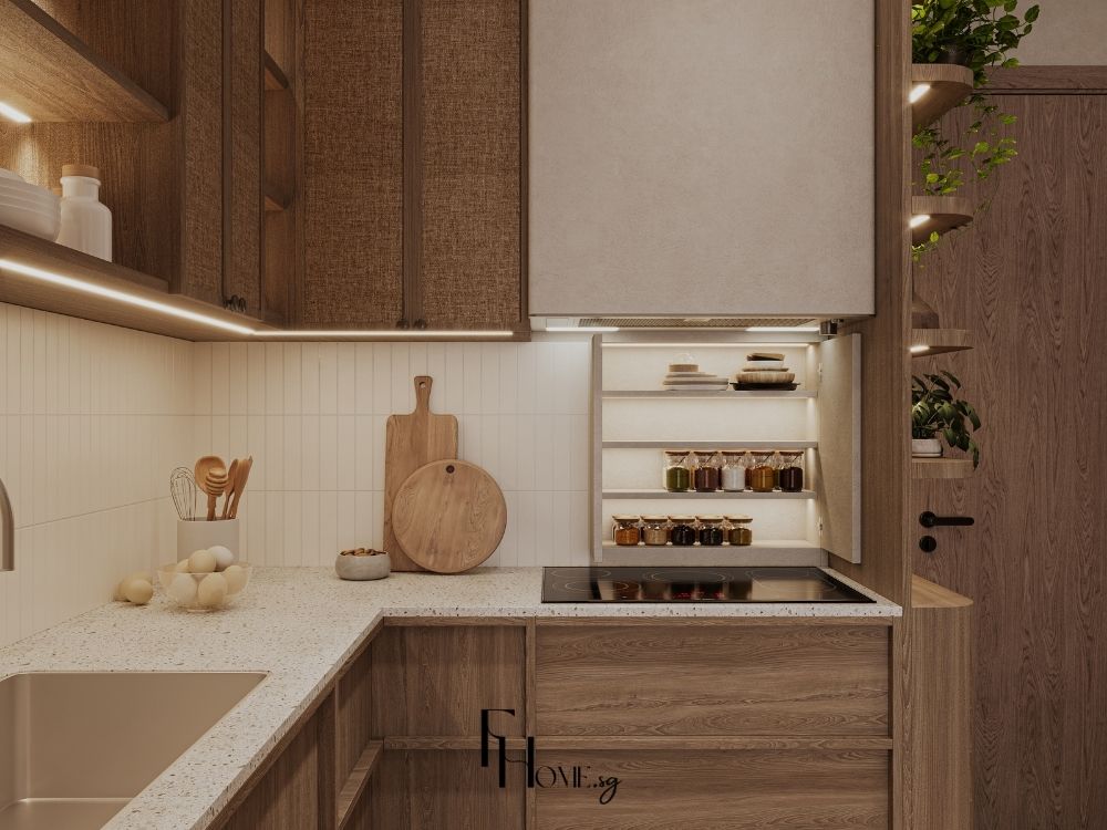 Phòng bếp phong cách Wabi Sabi với kệ gỗ và bề mặt đá tự nhiên