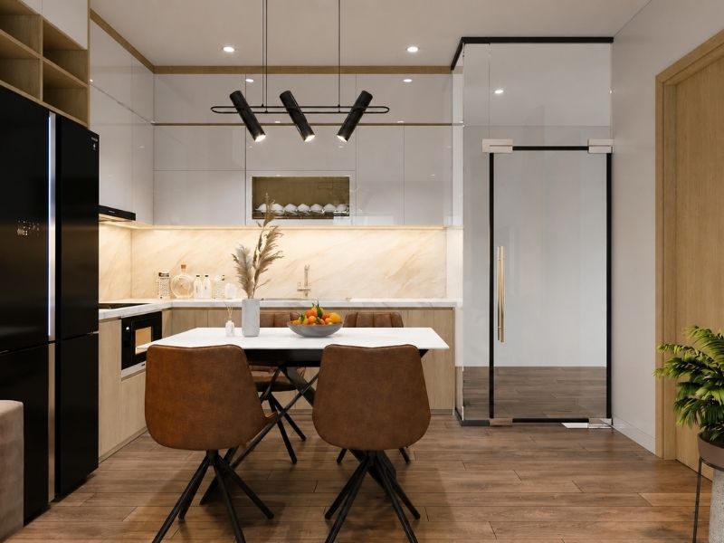 Không gian bếp căn hộ chung cư hoàn thiện sử dụng phụ kiện bản lề ray trượt inox 304 chính hãng