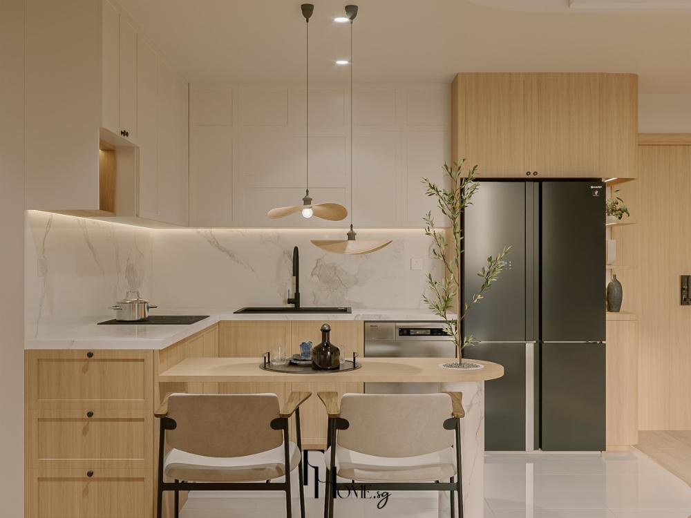 Phòng bếp căn hộ chung cư 2 phòng ngủ phong cách Wabi sabi mix Japandi