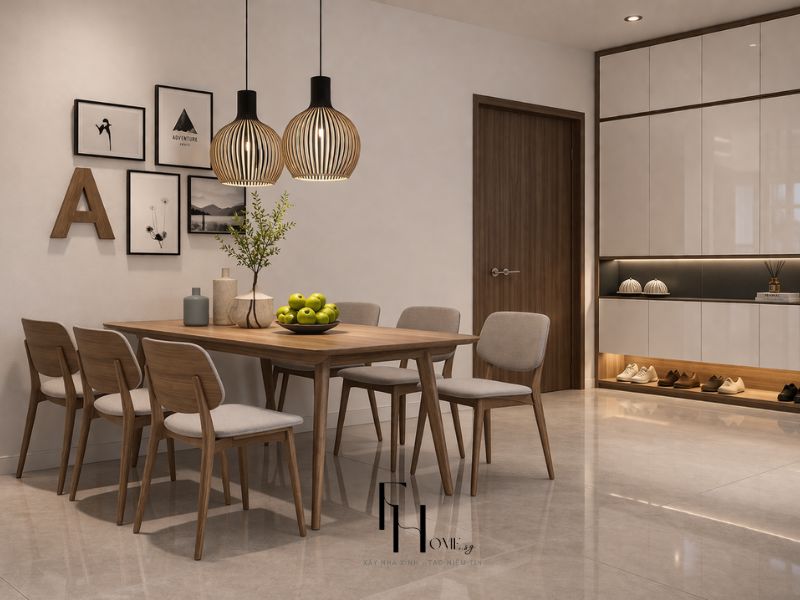 Góc bàn ăn chung cư 100m2 hiện đại bàn gỗ 6 ghế đèn lồng đôi và kệ giày âm tường lối vào