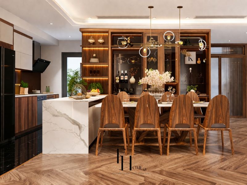 Phòng bếp chung cư 100m2 luxury đảo marble trắng vân xám bàn ăn 8 ghế gỗ óc chó lưng cong tủ rượu LED amber và đèn thả brass