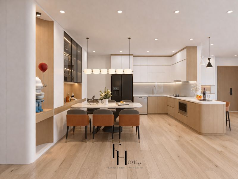 Phòng bếp chung cư 100m2 phong cách scandinavian tủ trắng kịch trần phối gỗ sồi nhạt đảo bo cong bàn ăn marble 6 ghế đèn thả oval trắng và sàn gỗ sồi
