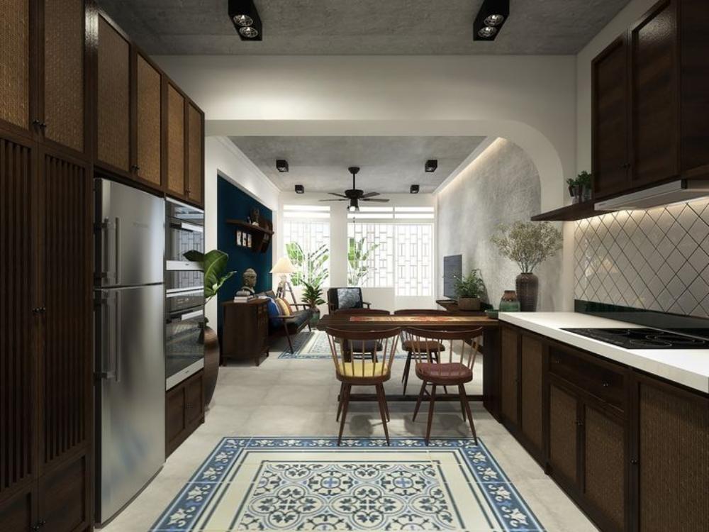 Phòng khách phong cách Đông Dương với gỗ quý, tre và mây, không gian lãng mạn, truyền thống.