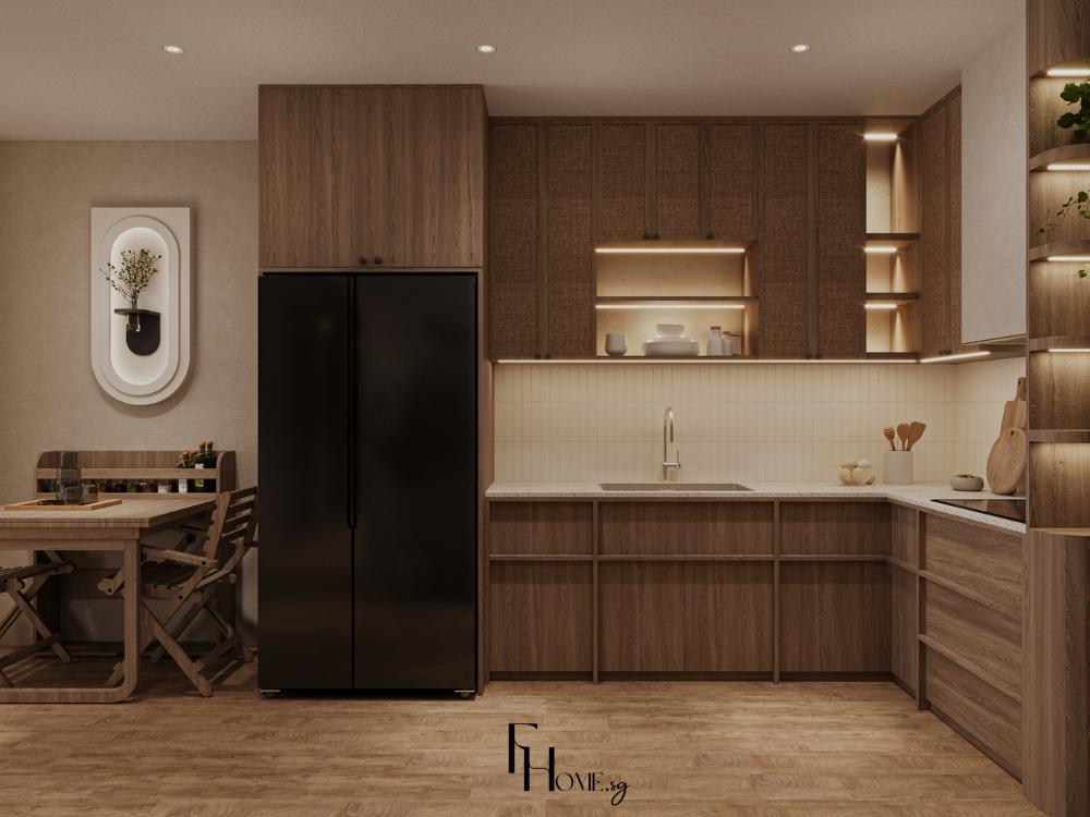 Phòng bếp Phong Cách Wabi Sabi với tủ bếp bằng gỗ, mặt bếp bằng đá trắng