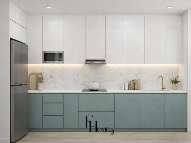 Phòng bếp chung cư 45m2 2 phòng ngủ, tủ xanh ngọc mờ, ốp bếp đá cẩm thạch trắng và vòi rửa vàng đồng