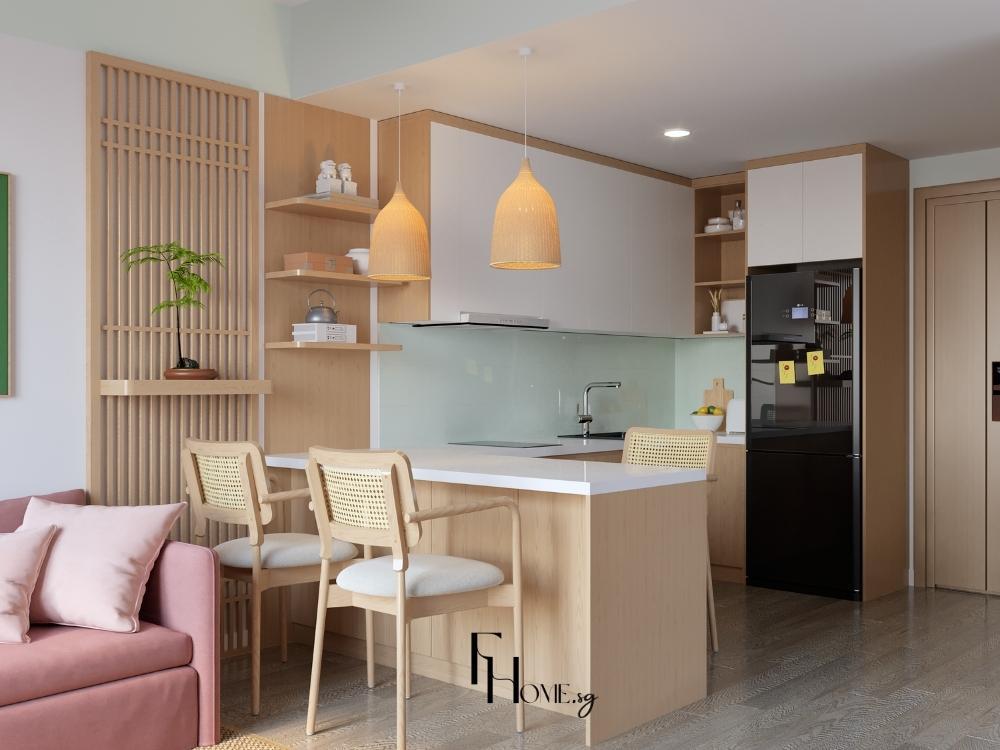 Phòng bếp chung cư 45m2 Japandi với quầy bar gỗ oak, backsplash kính xanh mint và kệ mở bonsai