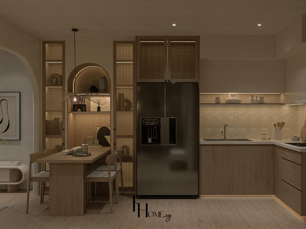 Phòng bếp chung cư 45m2 phong cách Nhật Bản thiết kế tủ cánh mây đan, kệ mở gốm sứ và vách ngăn ô vòm