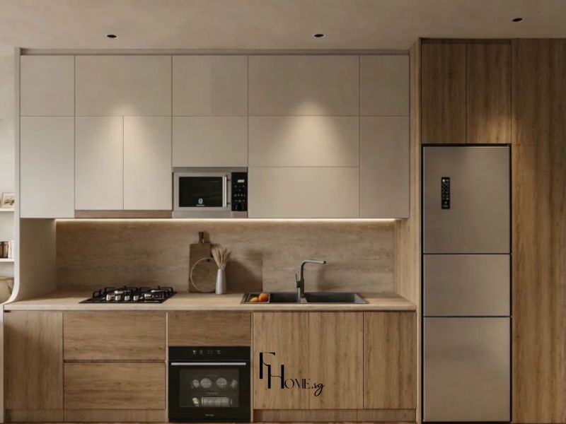 Phòng bếp chung cư 50m2 bố cục chữ I với tủ trên laminate be xám matte, tủ dưới veneer gỗ sồi vân thô, backsplash đá be vàng và tủ lạnh inox âm tủ cao