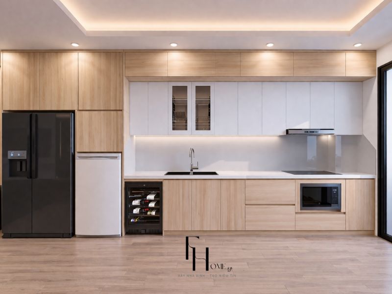 Tủ bếp chung cư 55m2 phong cách hiện đại bố cục chữ I gỗ sáng kết hợp tủ trắng và hầm rượu tích hợp