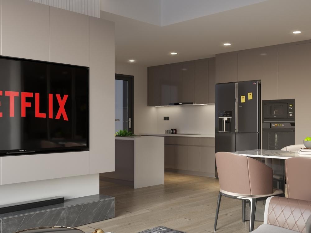 Phòng bếp chung cư 60m² thiết kế liên thông phòng khách