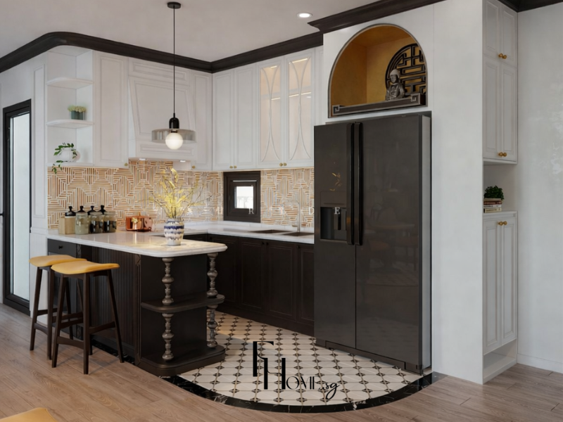 Bếp chung cư 68m2 phong cách Indochine với đảo bếp chân tiện gỗ đen xoắn ốc, gạch bông hoa văn đen trắng và hốc vòm vàng đồng họa tiết cửa sổ Á Đông