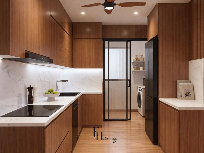 Phòng bếp chung cư 60m2 phong cách Japandi với tủ bếp gỗ walnut phủ kín, mặt đá marble trắng và cửa kính khung đen ngăn khu giặt