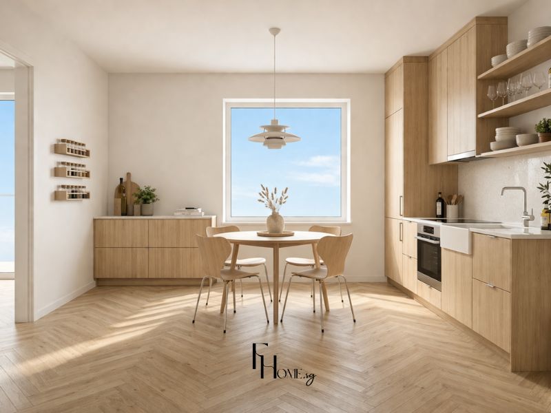 Phòng bếp chung cư 60m2 phong cách Scandinavian với tủ bếp gỗ sồi cánh phẳng, kệ mở, bàn ăn tròn và sàn gỗ xương cá tông sáng