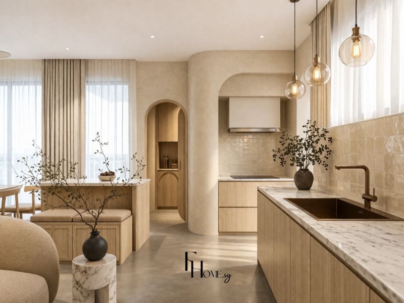 Phòng bếp chung cư 60m2 phong cách Wabi Sabi với vòm cuốn stucco, tủ gỗ tự nhiên, gạch thẻ men rạn và đèn Edison đồng