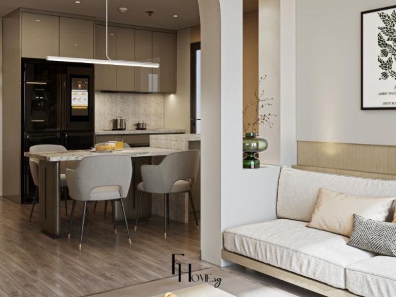 Phòng bếp chung cư 60m2 phong cách tối giản với tủ bếp taupe cánh phẳng, đảo bếp terrazzo kiêm bàn ăn 4 ghế và trụ tròn phân vùng