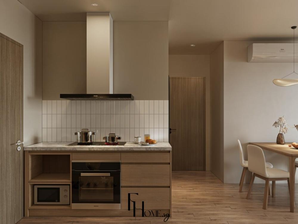 Phòng bếp chung cư 65m² được thiết kế thông minh liên thông phòng khách