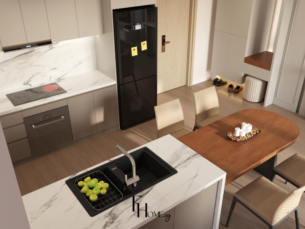 Phòng bếp chung cư 75m² được bố trí theo dạng chữ U với tủ bếp cao kịch trần màu trắng, mặt bàn đá sáng và hệ thống đèn LED âm tủ