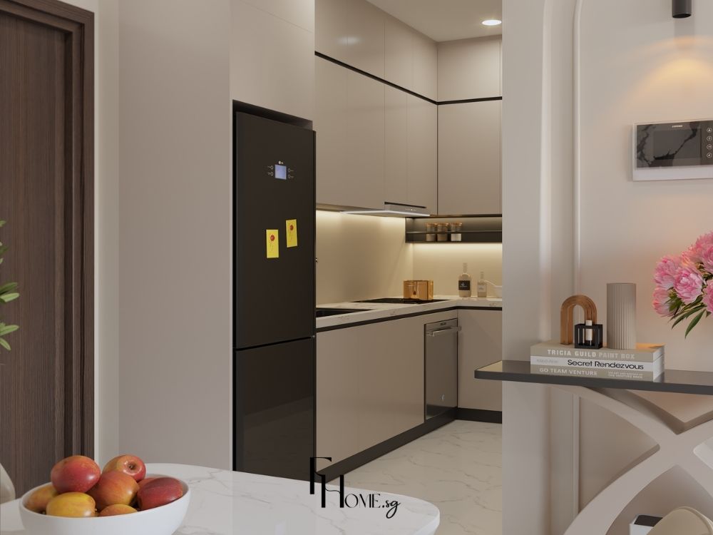 Phòng bếp chung cư 80m2 với tủ bếp màu trắng, mặt đá granite và hệ thống chiếu sáng LED