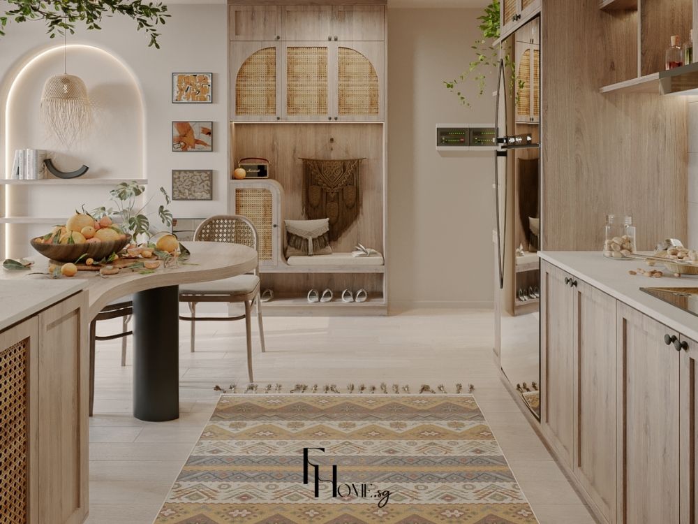 Phòng bếp chung cư 80m2 với tủ bếp melamine trắng, mặt bếp đá granite bền bỉ và ánh sáng âm trần