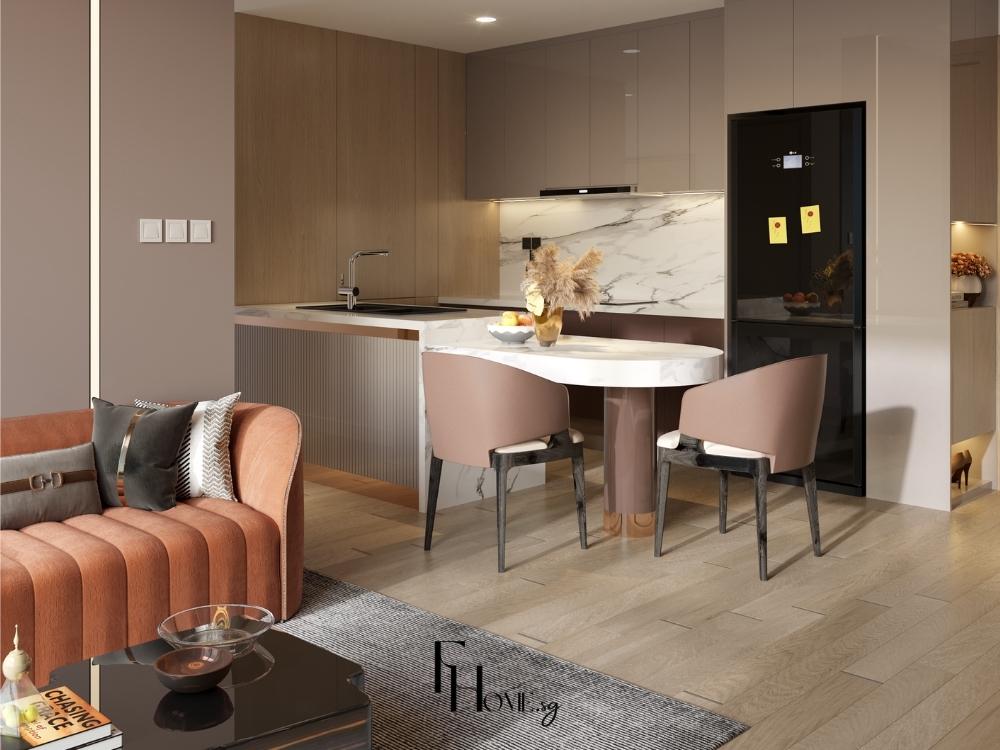 Phòng bếp chung cư 90m2 với tủ bếp dài, bàn đảo và màu sắc trắng vàng nhạt