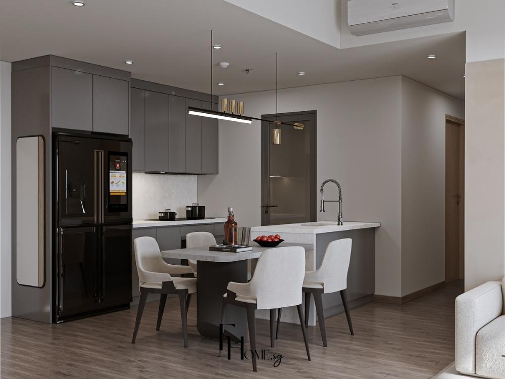 Phòng bếp chung cư 90m2 với tủ bếp dưới dài, tủ bếp trên và bàn đảo bếp, sử dụng màu xám nhạt