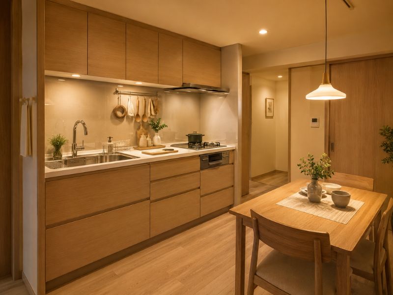 Mẫu nội thất chung cư phong cách Nhật Bản phòng bếp dùng hệ tủ gỗ sáng, bàn ăn nhỏ và ánh sáng ấm