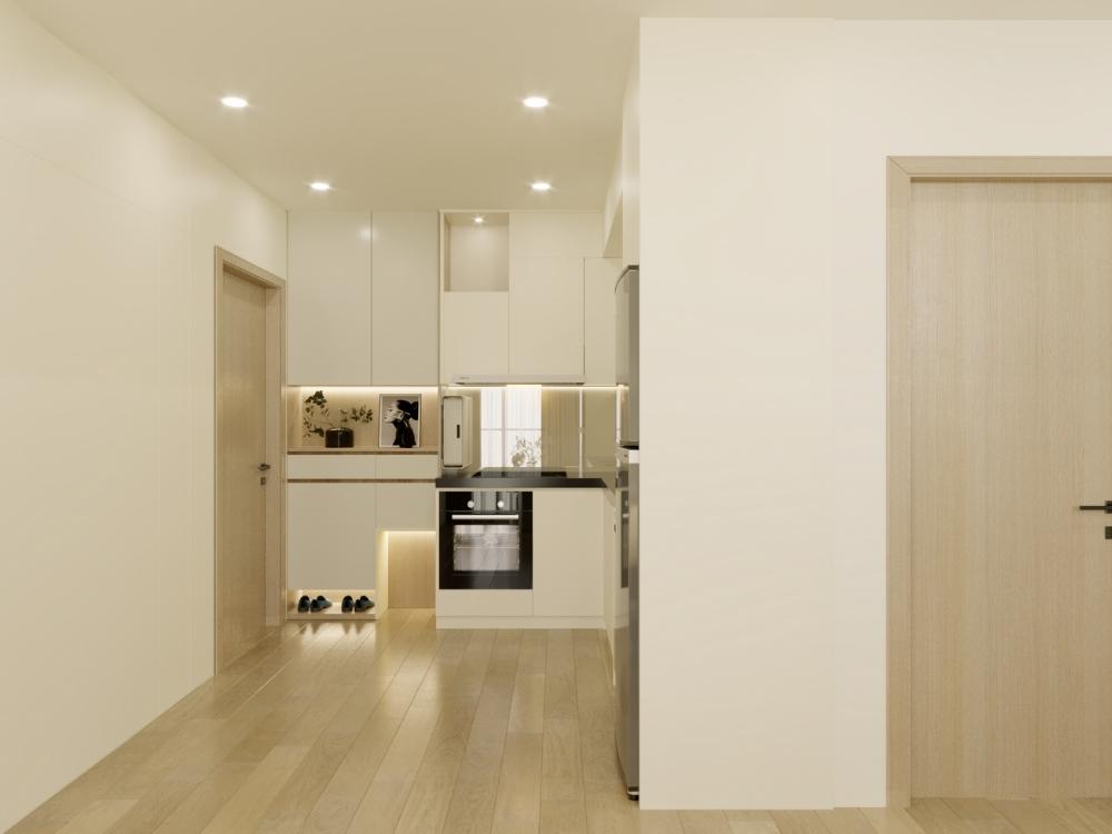 Phòng bếp liên thông phòng khách với tông màu trắng chủ đạo