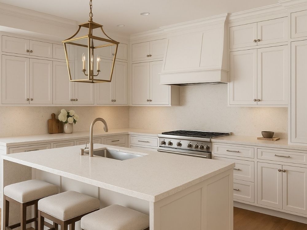 Phòng bếp nhà phố 25m² thiết kế chữ L, quầy bar nhỏ ngăn cách phòng khách, tủ bếp