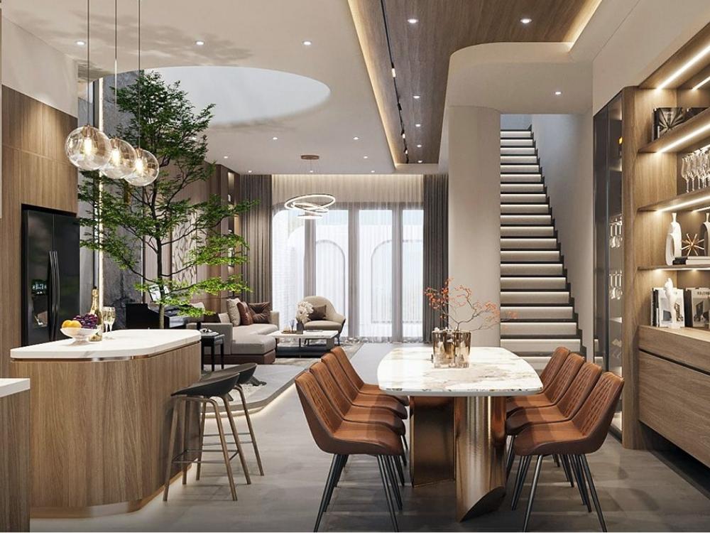 Phòng bếp nhà phố 4 tầng diện tích lớn, thiết kế mở liên thông với phòng khách