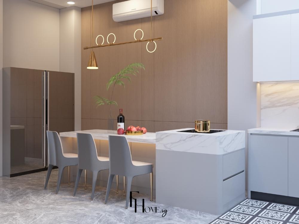 Phòng bếp nhà phố 4 tầng phong cách Luxury, thiết kế với đảo bếp đá marble, tủ bếp gỗ óc chó, đèn âm trần vàng ấm và phụ kiện kim loại cao cấp