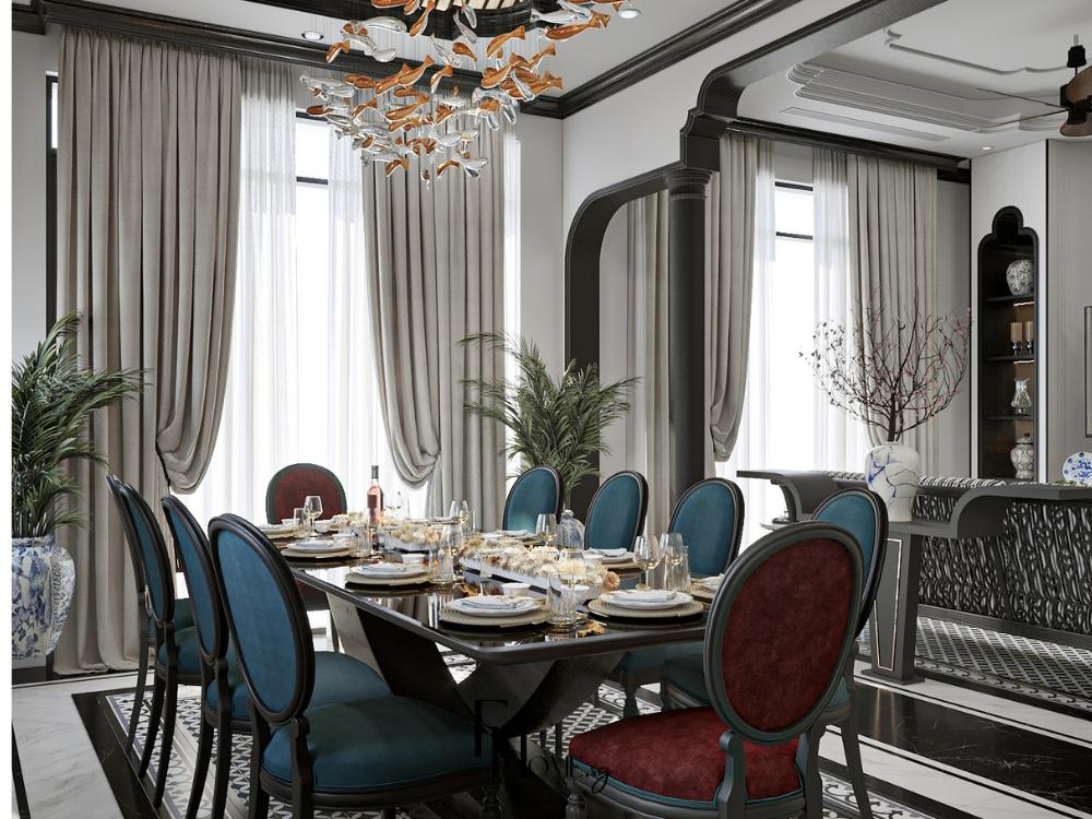 Phòng bếp nhà phố 4 tầng với thiết kế bàn ăn lớn