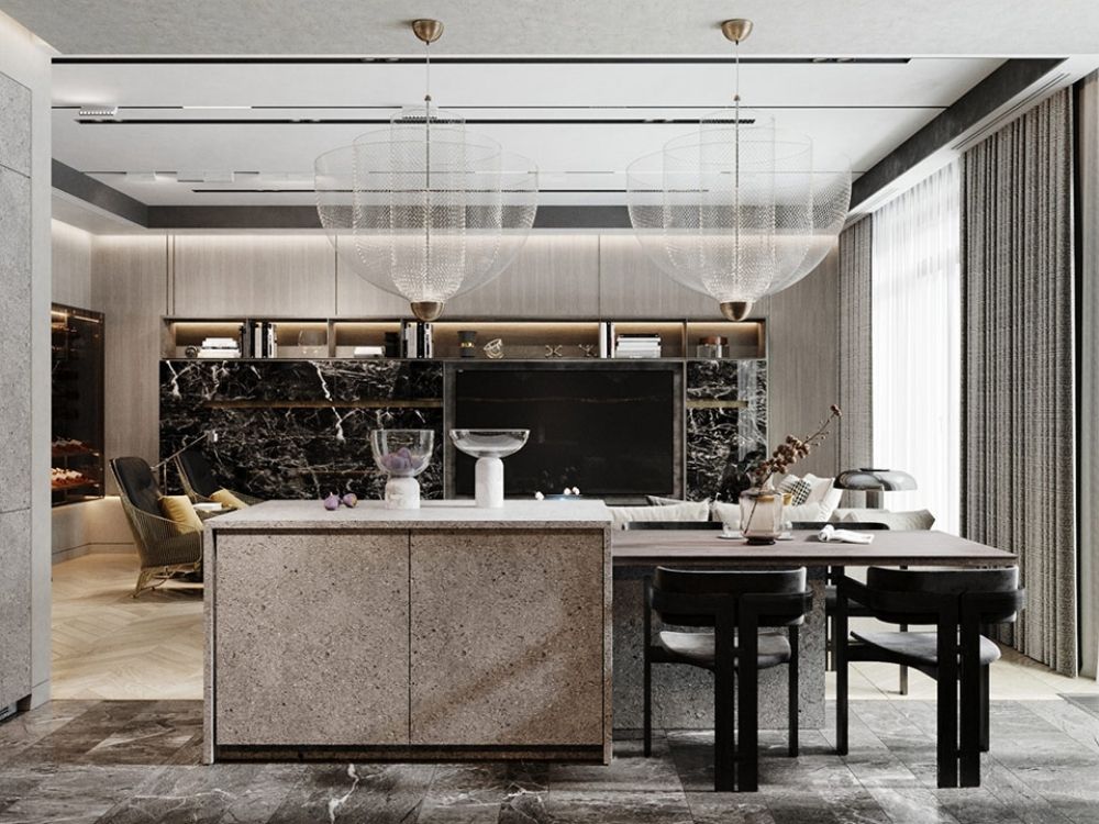 Phòng bếp nhà phố 45m² với đảo bếp trung tâm, bếp từ âm, hút mùi ẩn