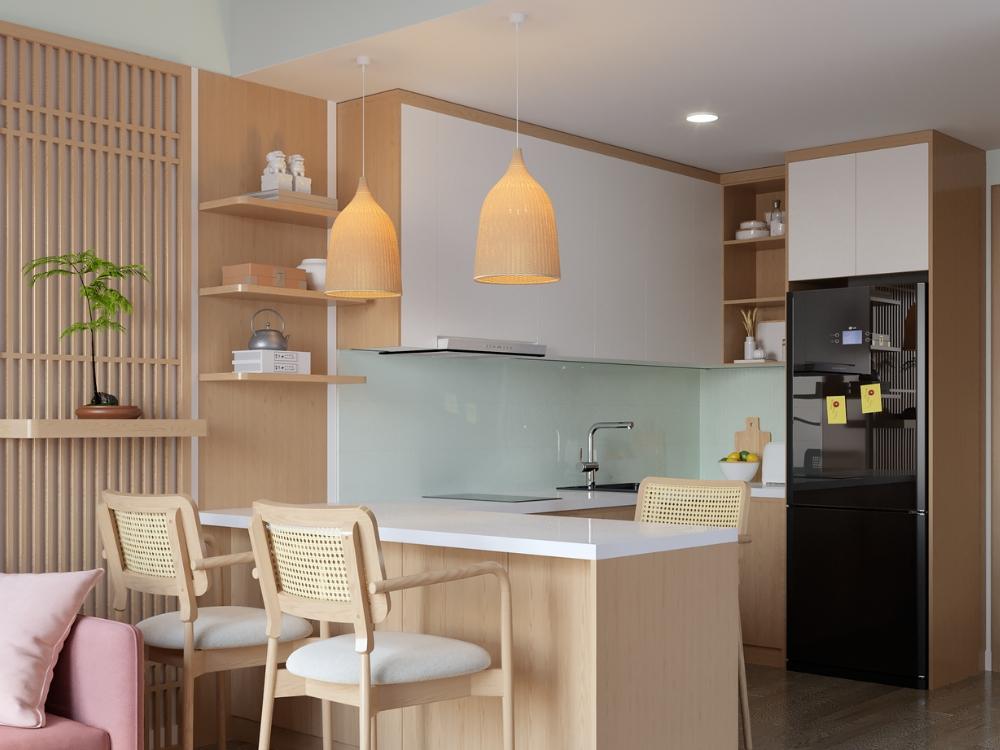 Phòng bếp nhà phố 4x14m thiết kế chữ I gọn gàng, tủ bếp kịch trần tối ưu không gian lưu trữ và tạo cảm giác cao thoáng